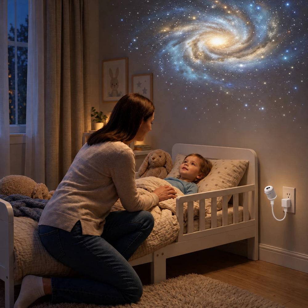 A mother settles her child's blanket beneath a soft galaxy projection