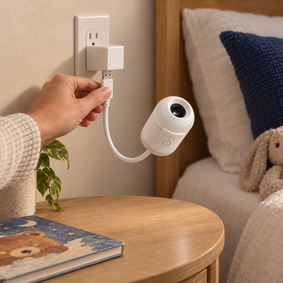 A hand connects the GalaxyGlow projector to a USB charger beside a bed