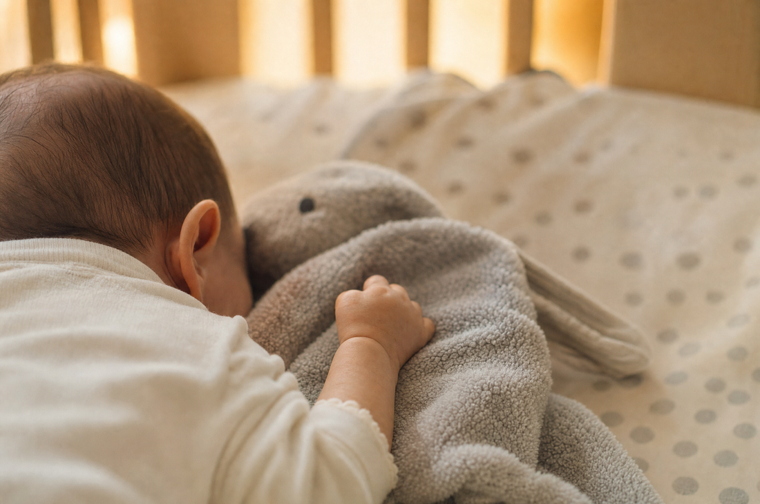 Baby's hand resting on a soft grey comfort blanket in a crib