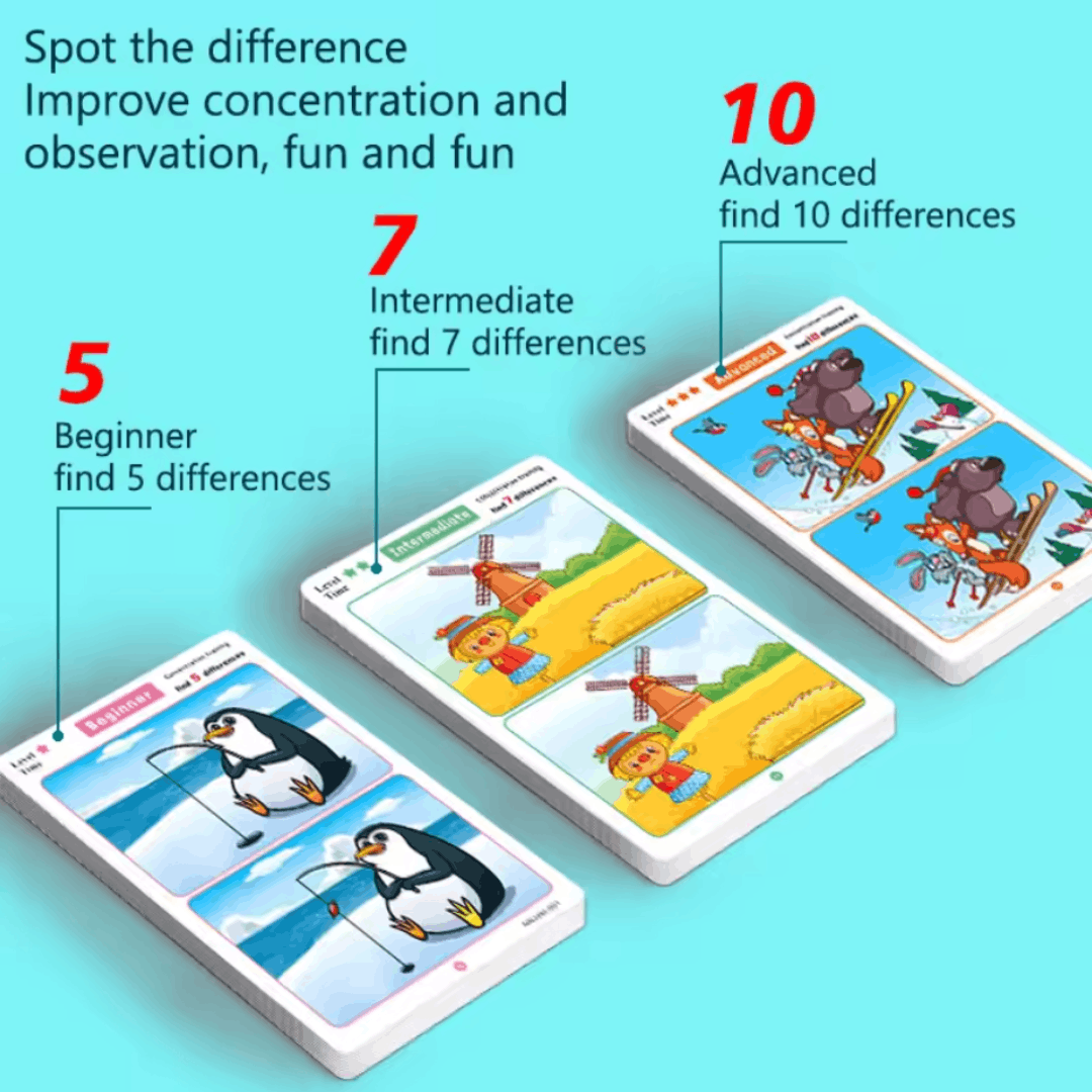 nylyCas™ Find the Difference Cards: Reusable Concentration Training Game for Toddlers & Kids (3 Levels)