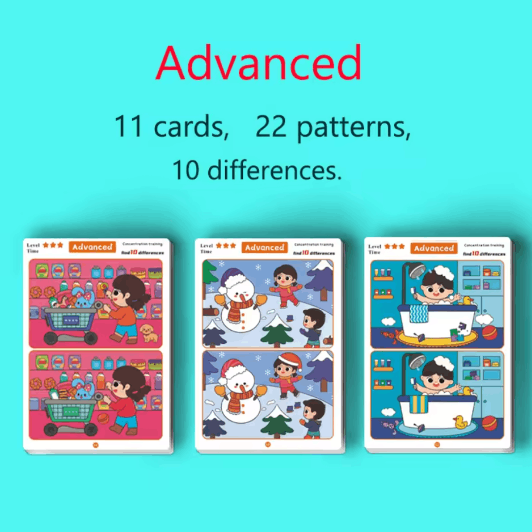 nylyCas™ Find the Difference Cards: Reusable Concentration Training Game for Toddlers & Kids (3 Levels)