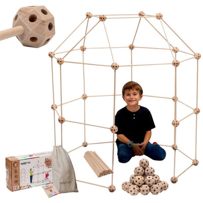 Wooden Fort Building Kit for Kids - STEM Montessori construction toy - 52 rods & 30 spheres (Ages +4)