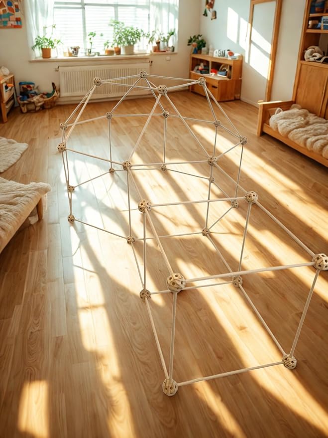 Wooden Fort Building Kit for Kids - STEM Montessori construction toy - 52 rods & 30 spheres (Ages +4)