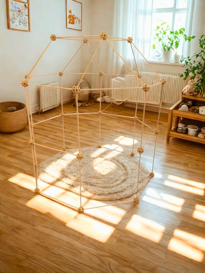 Wooden Fort Building Kit for Kids - STEM Montessori construction toy - 52 rods & 30 spheres (Ages +4)