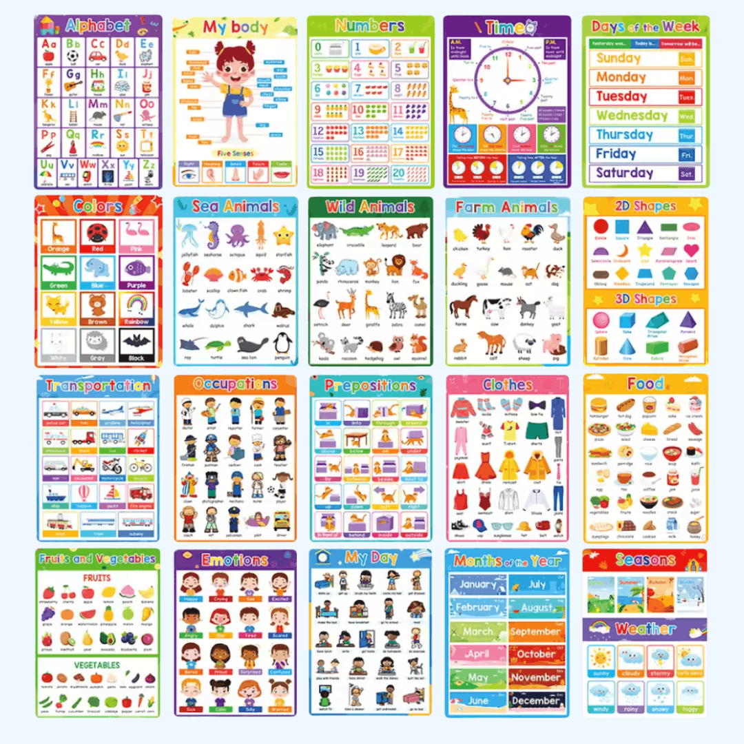 nylyCas™ Montessori Learning Posters: 20-Piece Educational Wall Chart Set for Toddlers & Preschoolers