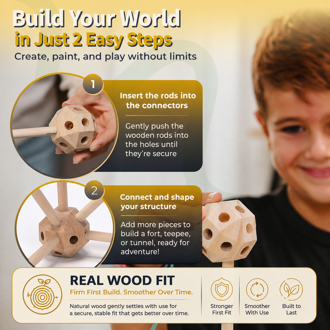 Wooden Fort Building Kit for Kids - STEM Montessori construction toy - 52 rods & 30 spheres (Ages +4)