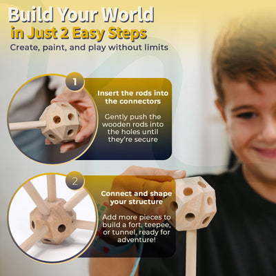Wooden Fort Building Kit for Kids - STEM Montessori construction toy - 52 rods & 30 spheres (Ages +4)