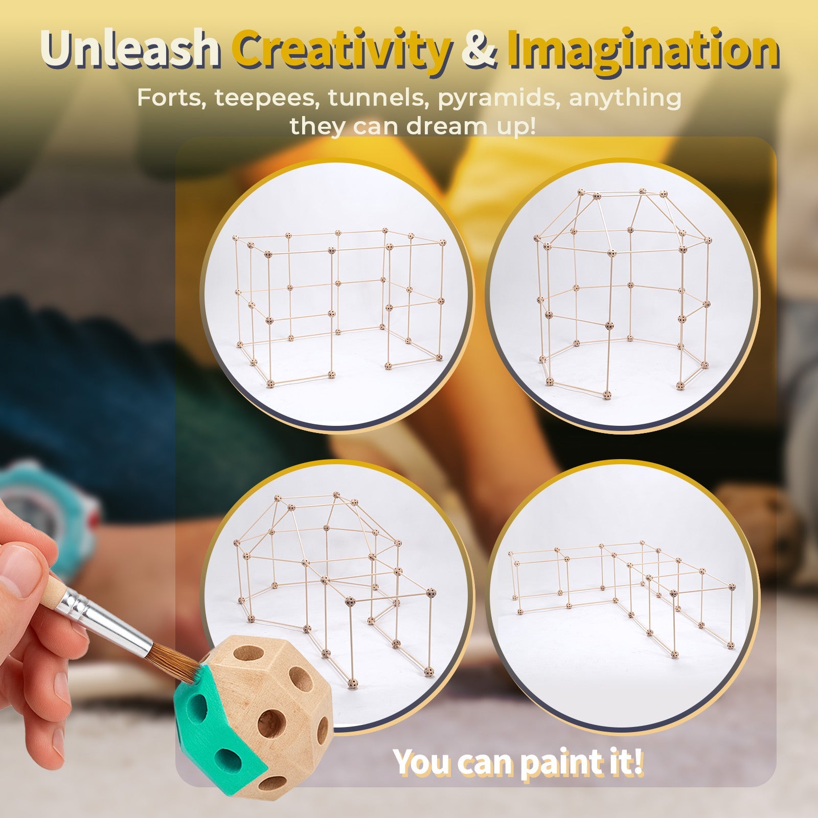 Wooden Fort Building Kit for Kids - STEM Montessori construction toy - 52 rods & 30 spheres (Ages +4)