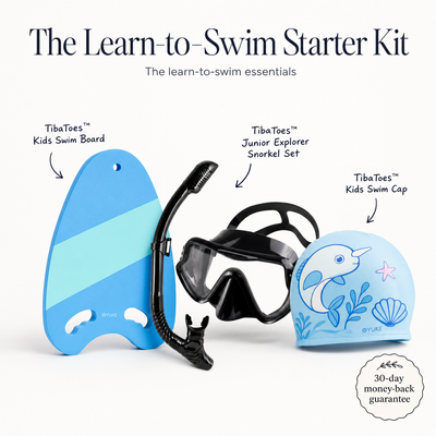 The Learn-to-Swim Starter Kit (1x nylyCas™ Kids Swim Board + 1x nylyCas™ Junior Explorer Snorkel Set + 1x nylyCas™ Kids Swim Cap)