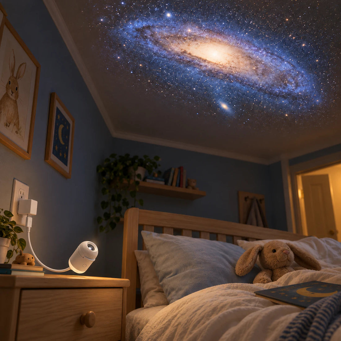 A galaxy scene projected on a bedroom ceiling