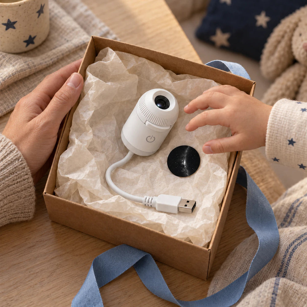 A child reaches for a GalaxyGlow projector in an open gift box